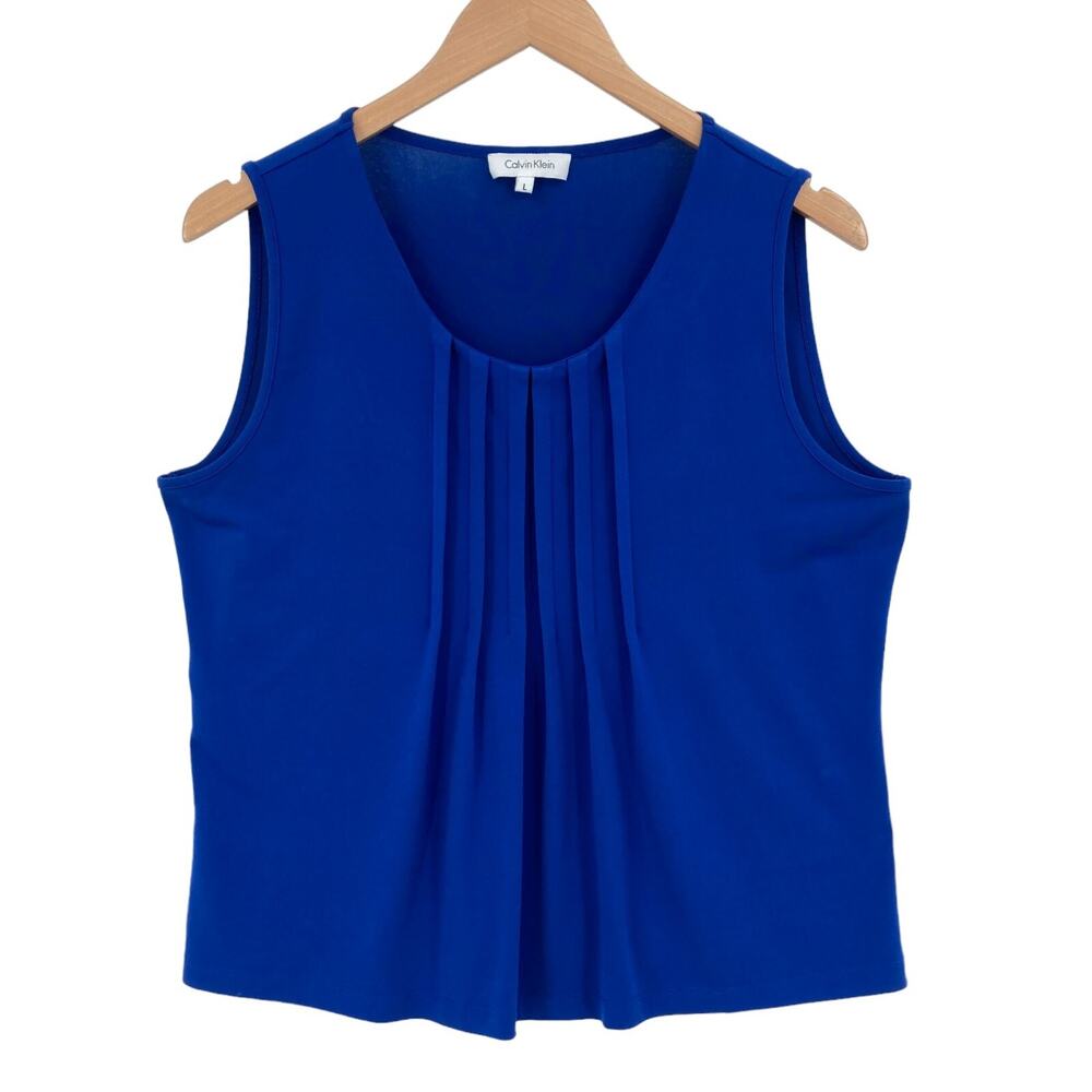 Calvin Klein Blouse Top Womens Large Blue Solid Pleated Sleeveless Round Neck
